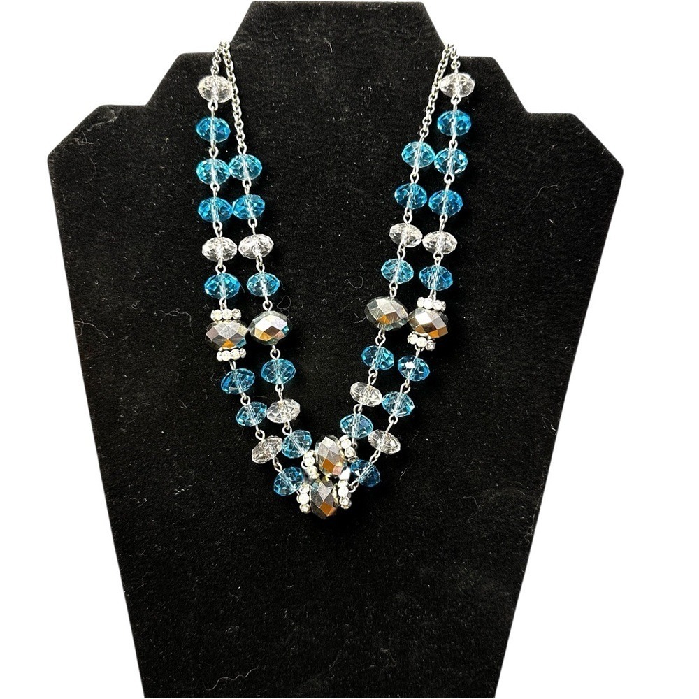 Trifari Double Strand Statement Necklace Blue Beads Crown‎ Logo